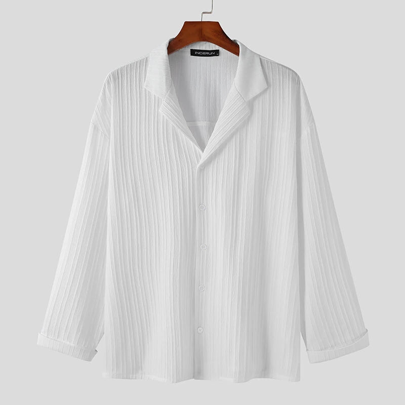 INCERUN Men Sets Solid Color Fashion Lapel Long Sleeve Shirt & Pants 2PCS Pleated Loose Streetwear Men Casual Suits S-5XL