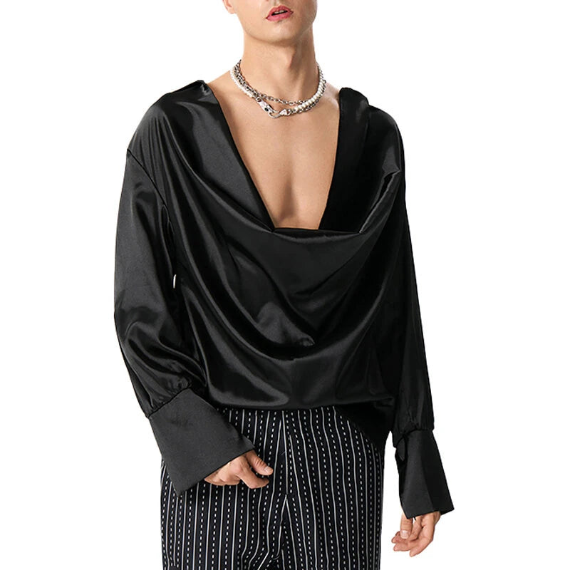 INCERUN Mens Shirts Solid Color Long Sleeve Top Shirts Summer Fashion  Stacked Neck Top Shirts Party Male Clothing