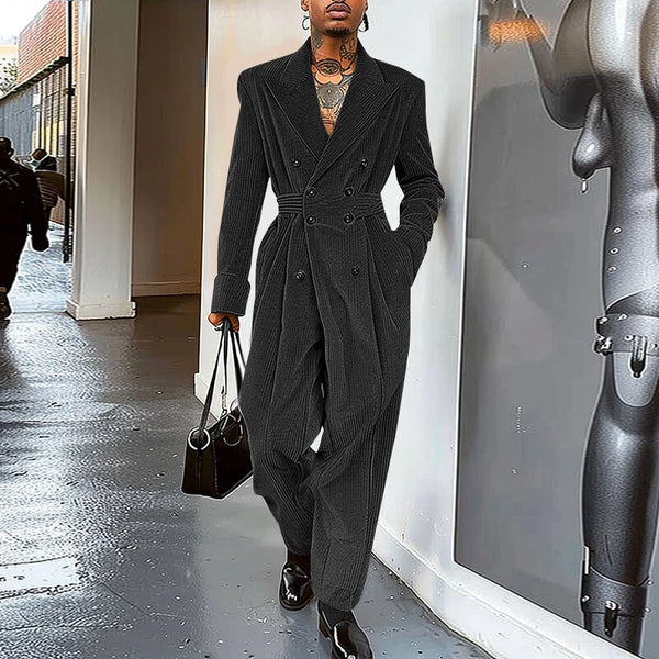 INCERUN Men Jumpsuits Corduroy double-breasted Suit Collar Long-sleeved Casual One-piece Suit for Men with Side Pockets