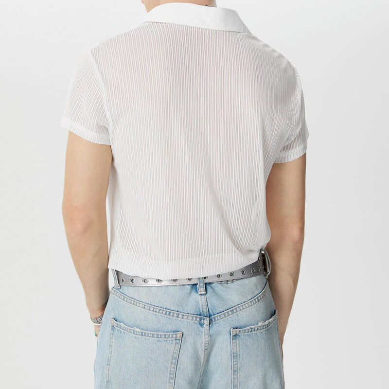 INCERUN Men Fashion Stripe Short Sleeve T-shirt Summer See-through V-neck Tee Solid Color Mens Top