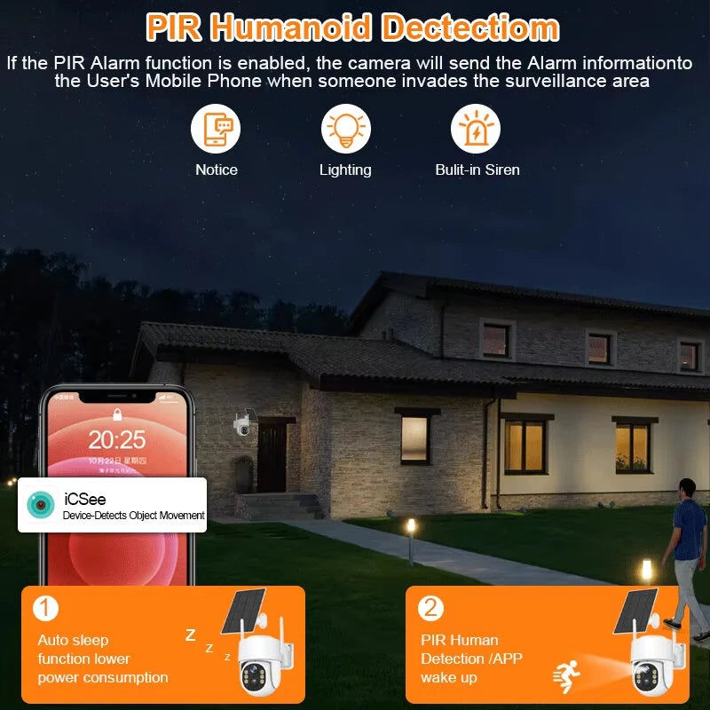 4MP HD WiFi Solar Powered Camera PTZ Night Vision PIR Human Detect Two Way Audio 7200mAh Battery Outdoors Wireless Security CCTV Camera