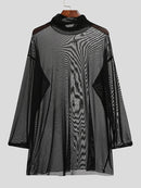 Mens Sheer Mesh See Through High Neck Long Sleeve T-Shirt