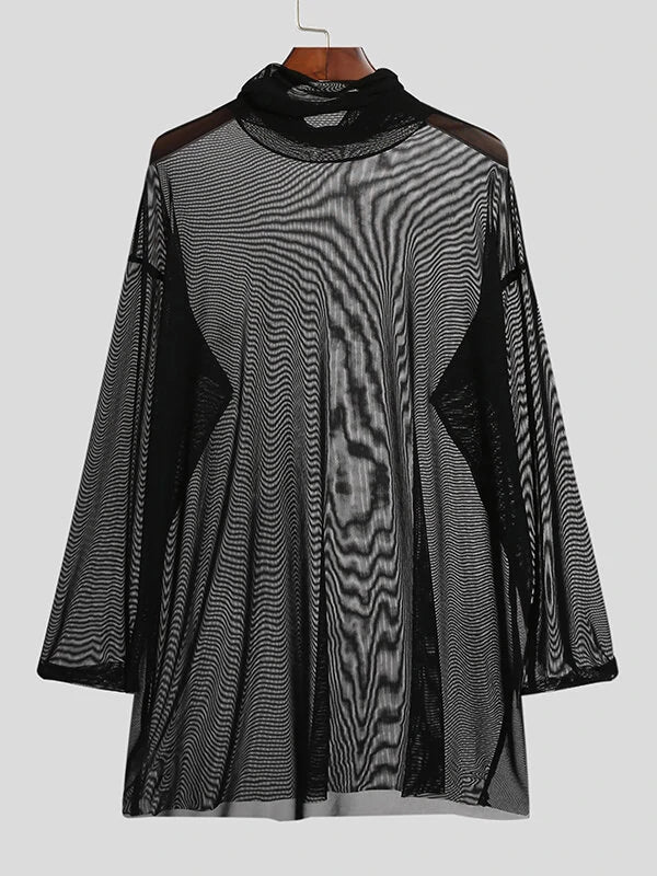 Mens Sheer Mesh See Through High Neck Long Sleeve T-Shirt