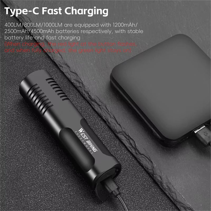 WEST BIKING 1000LM Bicycle Headlight 8 Lighting Modes Aluminium 4500mAh Power Bank Type-C Rechargeable Waterproof Flashlight for MTB Road Cycling