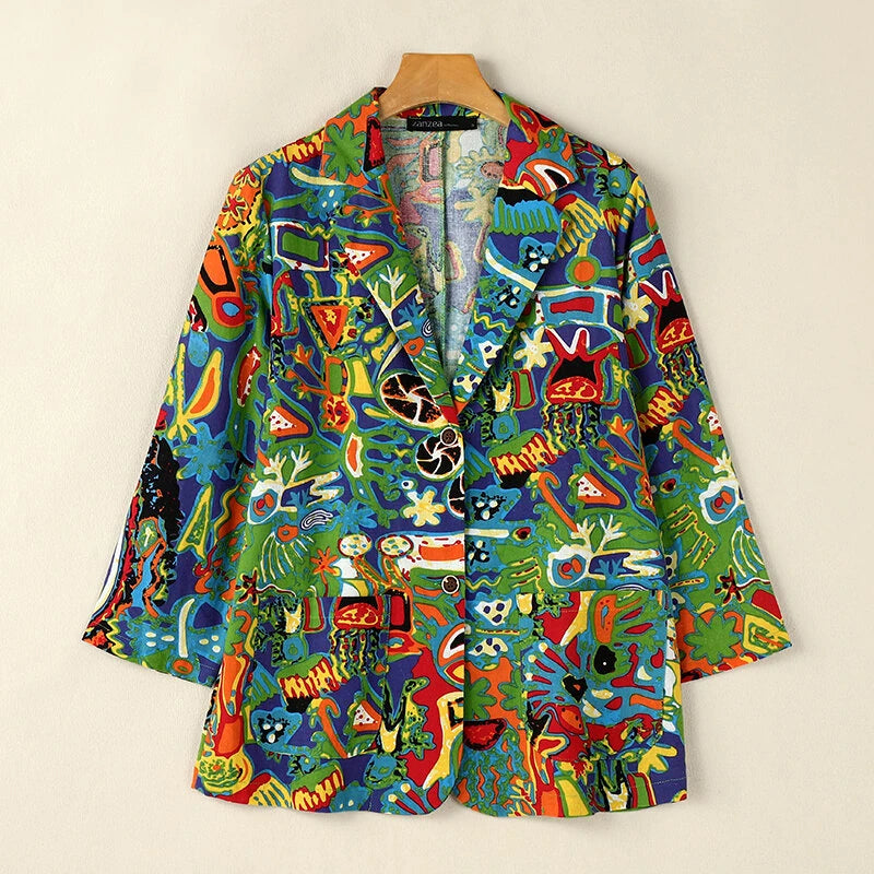 ZANZEA Womens Ethnic Prints Blazer Vacation Thin Suit Coat Retro Lapel Cotton Linen Printing Long Sleeve Blazer