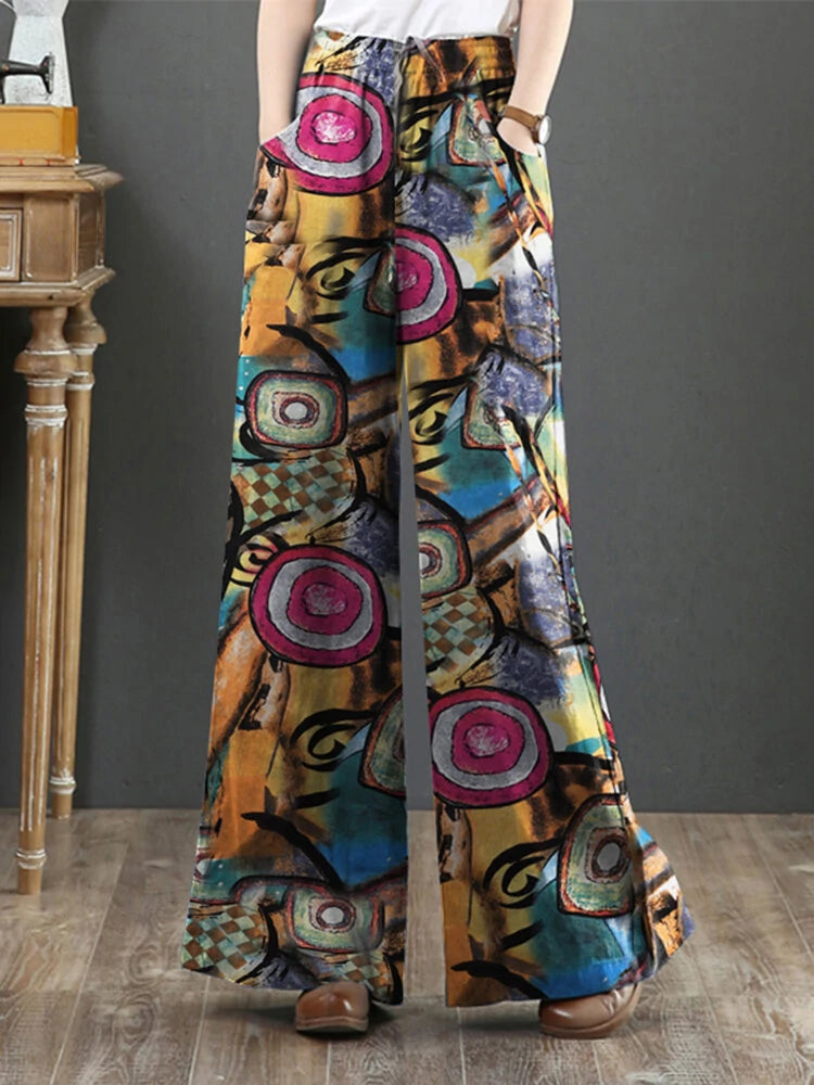ZANZEA Women Plus Size  Flared Wide-Leg Floral Printed Retro Side Pockets Pants