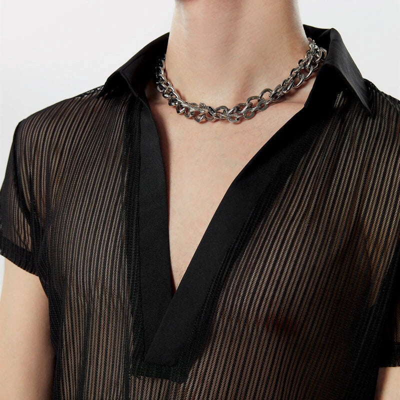 INCERUN Men Fashion Stripe Short Sleeve T-shirt Summer See-through V-neck Tee Solid Color Mens Top