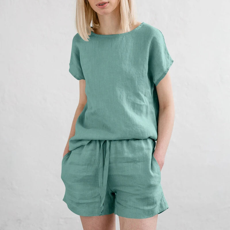 ZANZEA Plus Size Women Cotton Linen Two Set Solid Elastic Waist Pocket Short Sleeve Blouses and Short Casual Summer Two-Piece Set