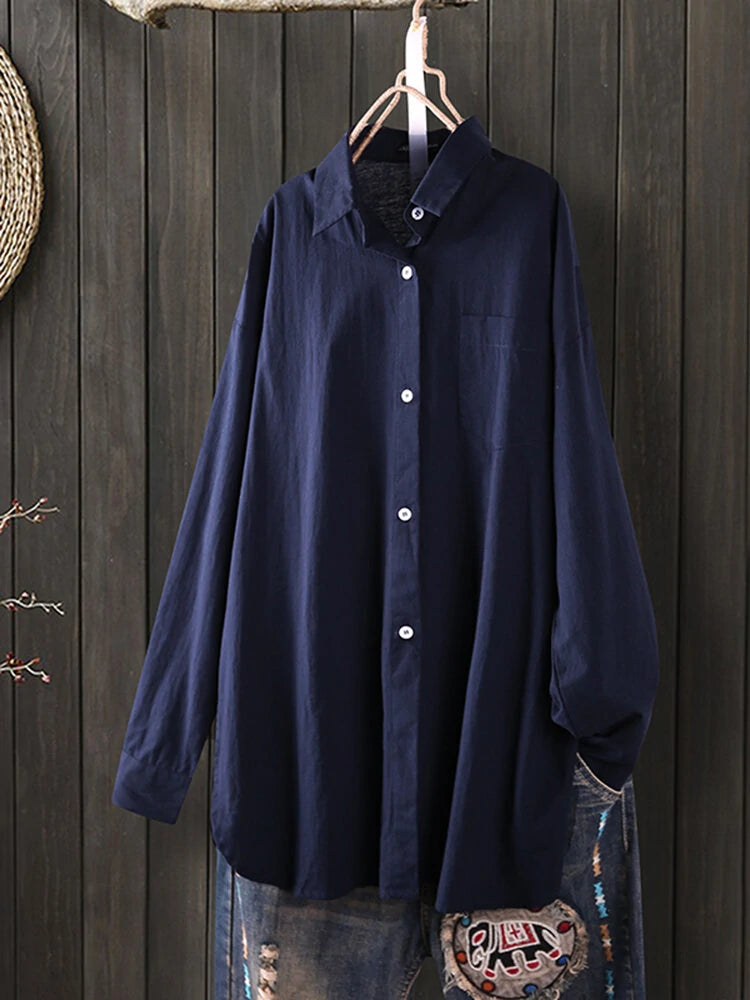 Women Daily Casual Cotton Irregular Hem Commute Loose Shirts