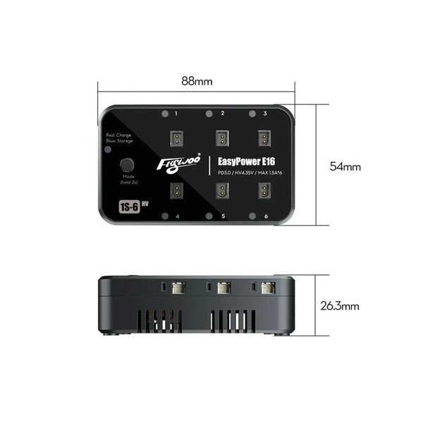 Flywoo EasyPower E16 1S MAX 1.5A*6 45W PD3.0 Charger for 4.35V 1S-6 LiHV Battery Charge