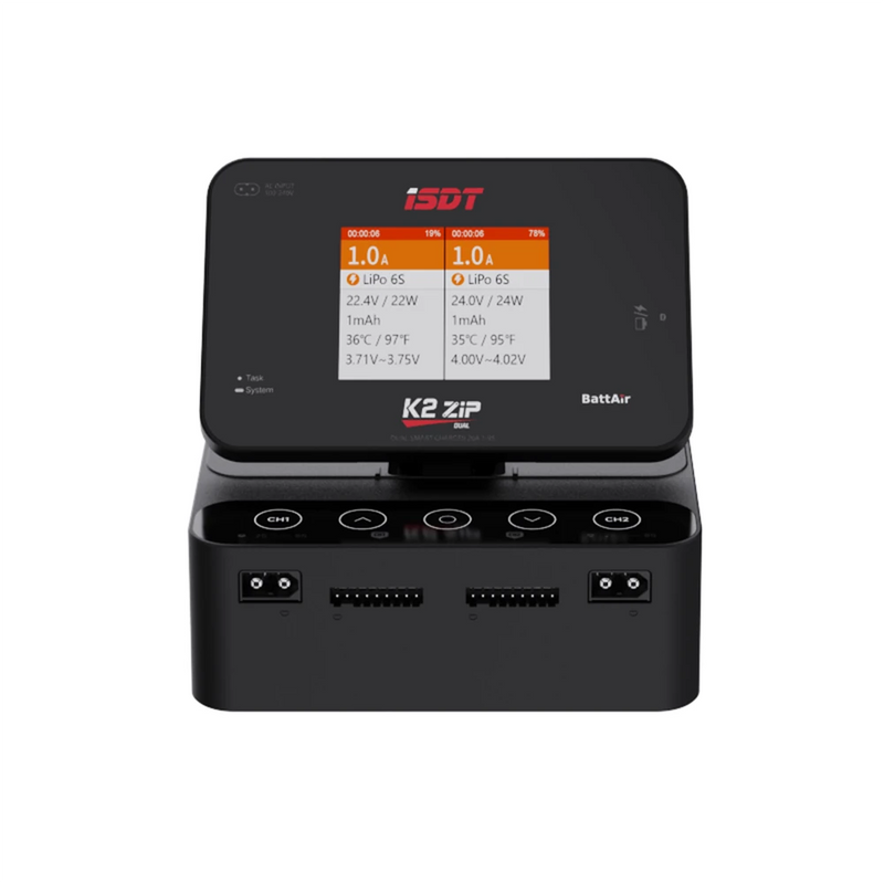 ISDT K2 ZIP AC 200W / DC 500Wx2 Dual Channel Smart Charger with 2.8 Inch IPS LCD Screen for 1~8S LiFe Lilon LiPo 1~7S LiHv ULiHv Battery