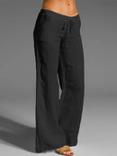 Wide Leg Women Loose Cotton Pure Color Elastic Waist Trousers Pants