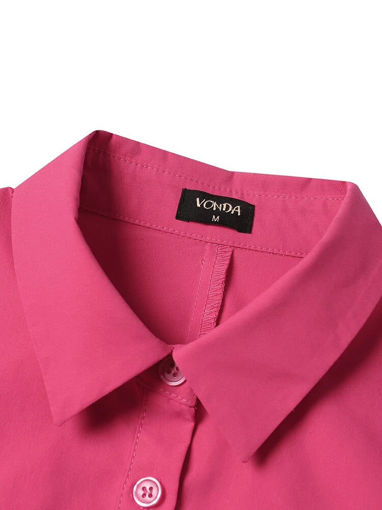 VONDA Women's Casual Solid Color Lapel Knee Dresses with Pockets