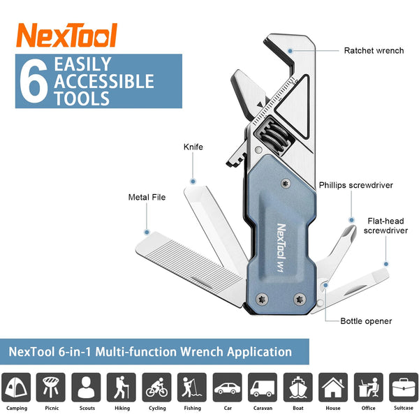 NexTool 6 In 1 EDC Adjustable Wrench Multitool Pocket Hand Tools Kit Screwdriver Bit Set Multi Function Tools Folding Knife File