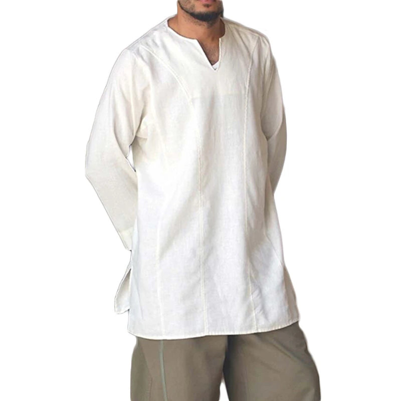 INCERUN Men Shirt Solid Color Long Sleeve Linen Shirts Mens Top V-neck Ethnic Casual Male Clothing