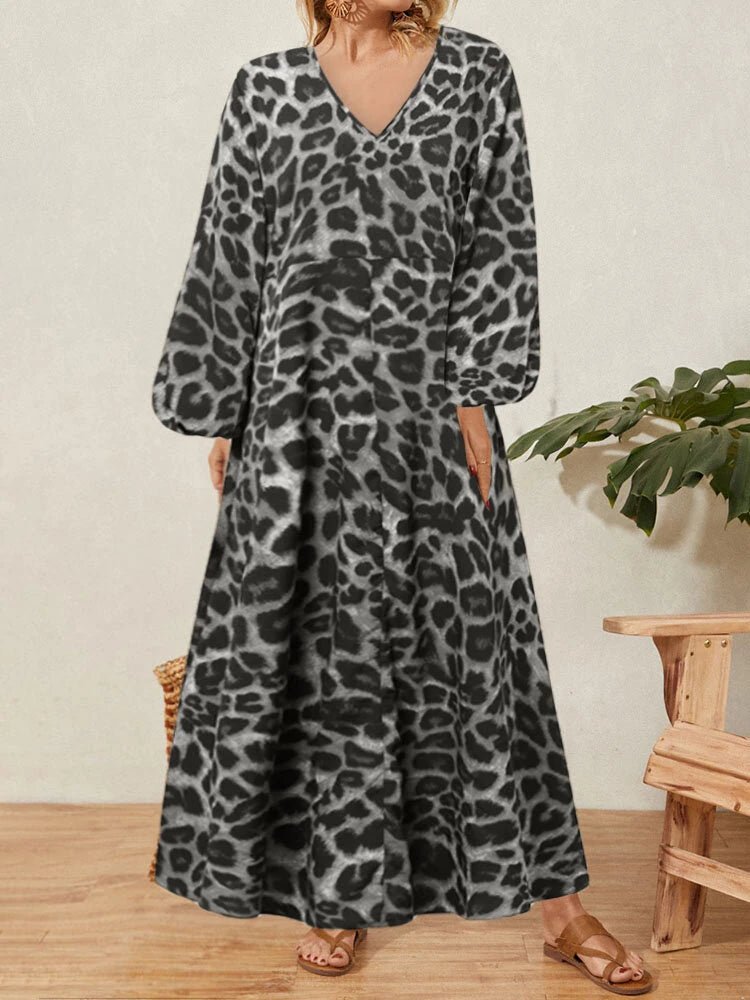 ZANZEA Women Plus Size Leopard Print Long Dress V-Neck Puff Sleeve Lace-Up Maxi Dress For Women