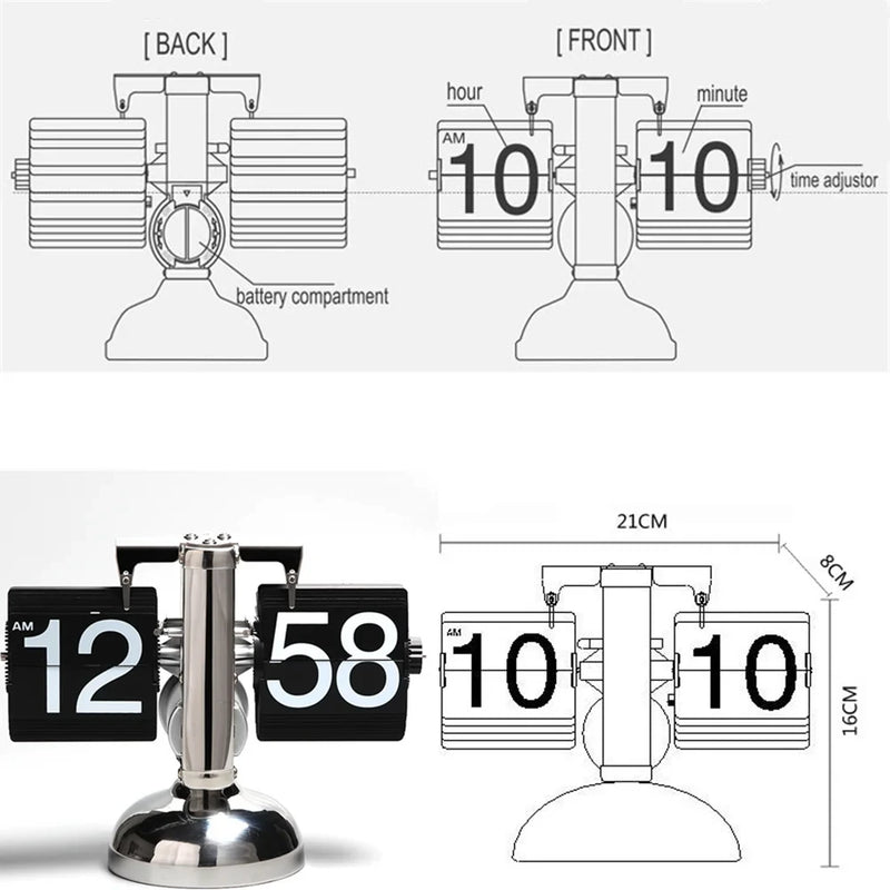 Vintage Flip Clock 12-Hour Automatic Flip Clock Retro Stainless Steel Desk Clock Large Time Display Clock for Living Room Bedroom Household