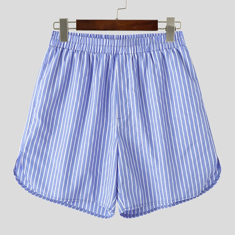 INCERUN Mens Fashion Striped Loose Two Pieces Outfit Comfortable Long Sleeve Shirt & Short Two-piece Suits