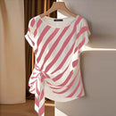 ZANZEA Women Striped Printed T-shirt Fashion Short Sleeve Tee Holiday Summer Holiday Belted Design Casual Simple Tops
