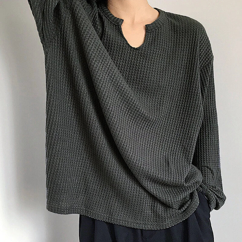 INCERUN Men Tshirt Comfy Loose Fit Long Sleeve T-Shirt Solid Color Notched Neck Knit Daily Casual T-Shirt