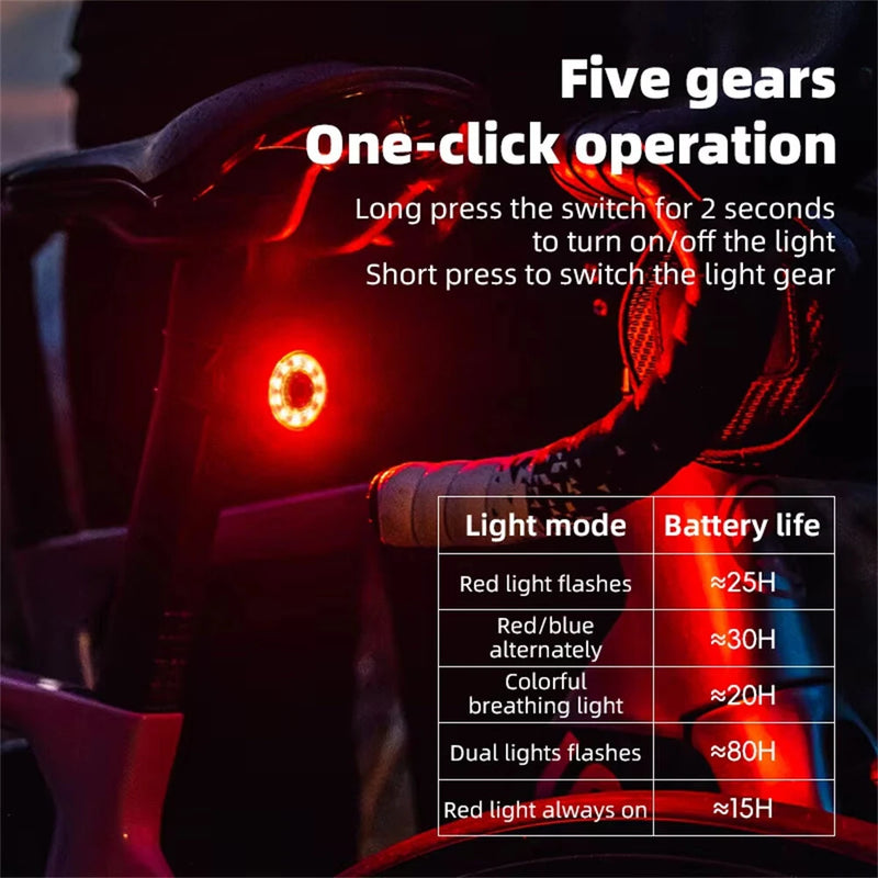 ROCKBROS Q1 MAX RGB Bicycle Taillight Vibration Sensor Smart Brake Sensing USB Charging Light Sensing Bike Rear Lights for Mountain Road Night Riding