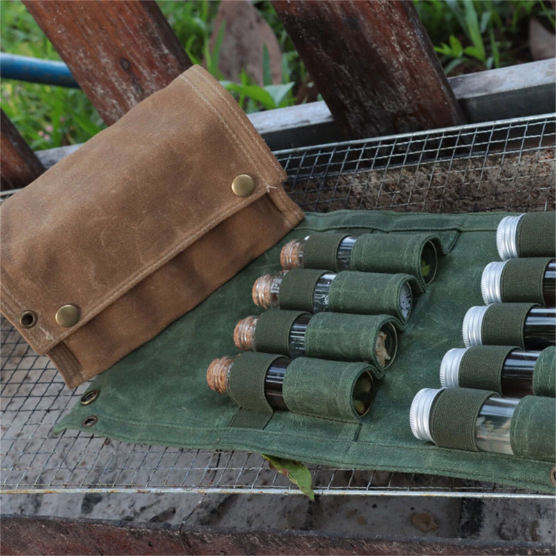IPRee Reliable Outdoor Camping Spice Bottle Storage Bag Free with 9pcs Glass Spice Bottle Storage Bag BBQ Seasoning Bottle Canvas Bag