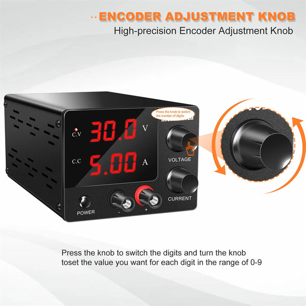 NICE-POWER SPS-E305 Mini Power Supply 0-30V 0-5A High-Precision Encoder Adjustment Sleek Black Design Stable DC Output
