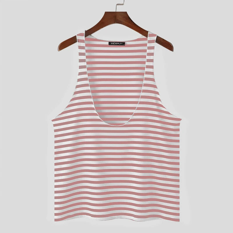 INCERUN Mens Striped U-Neck Sleeveless Casual Vest Simple Gym Sports Tank Top