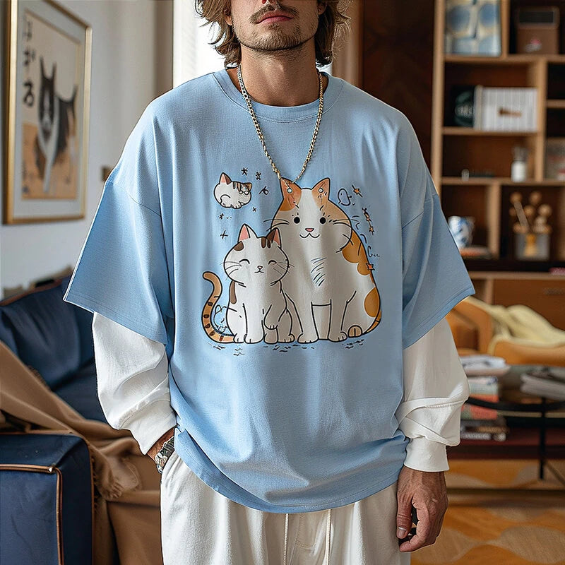 INCERUN Mens Cat Print Long Sleeve T-Shirt Casual Comfortable Crew Neck Top for Male Spring Fall S-5XL
