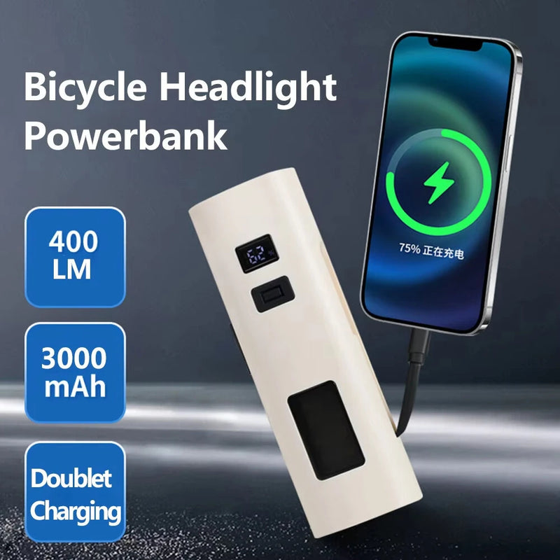 BIKIGHT 400LM 3000mAh Type-C Charging Bicycle Headlight 3 Gears COB Side Light Battery Level Display Waterproof Power Bank Front Bike Light for Night Riding