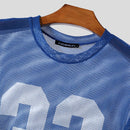 INCERUN Mens Numeric Print Sheer Mesh T-Shirt Solid Color Crew Neck Tshirts Fashion Matching Streatwear for Male Plus Size S-5XL