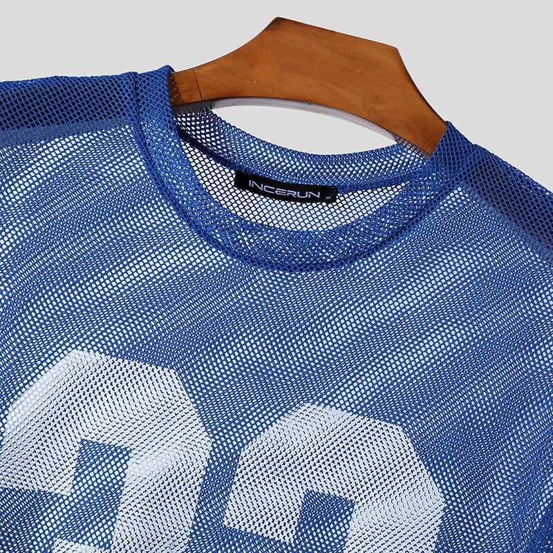 INCERUN Mens Numeric Print Sheer Mesh T-Shirt Solid Color Crew Neck Tshirts Fashion Matching Streatwear for Male Plus Size S-5XL