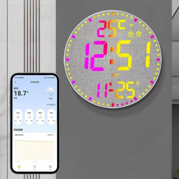 Tuya APP Smart Wifi Wall Clock RGB Calendar Clock Living Room Digital Wall Clock App Intelligent Control Colorful LED Wall Calendar Clock Date Temperature Display