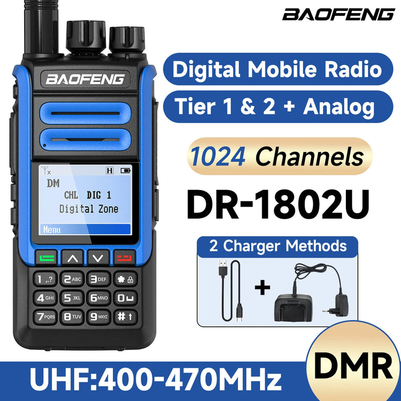 Baofeng DR-1802U Digital Two Way Radio Dual Mode Dual Time Slot 1024 Channels 5W High Power UHF 400-470MHz Type-C Charging Long Range Handheld Walkie Talkie
