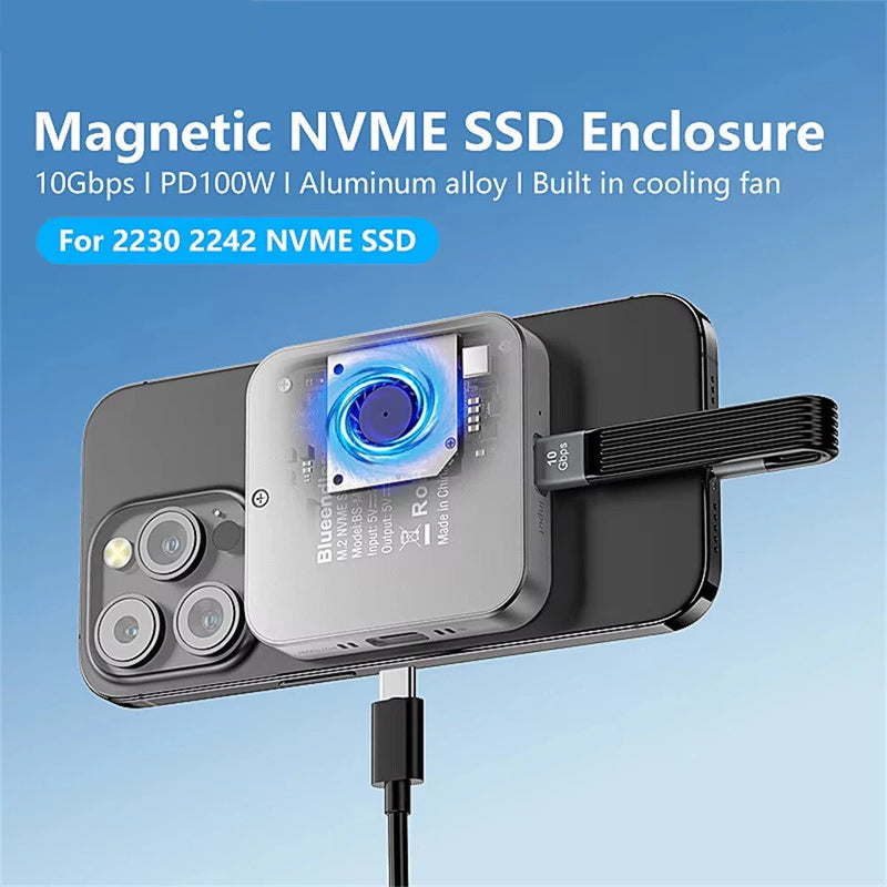 Blueendless Magnetic M.2 2230 2242 NVMe SSD Enclosure with Cooling Fan 100W PD Charging Type-C NVMe PCIE SSD Case