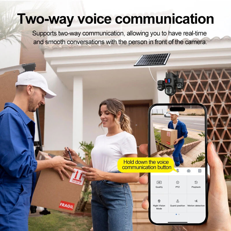 Three Lens 6MP HD Solar Powered Security Camera 5X Zoom PTZ Color Night Vision Red Blue Alarm Wireless WiFi Outdoor AI Human Detection Weatherproof Camera