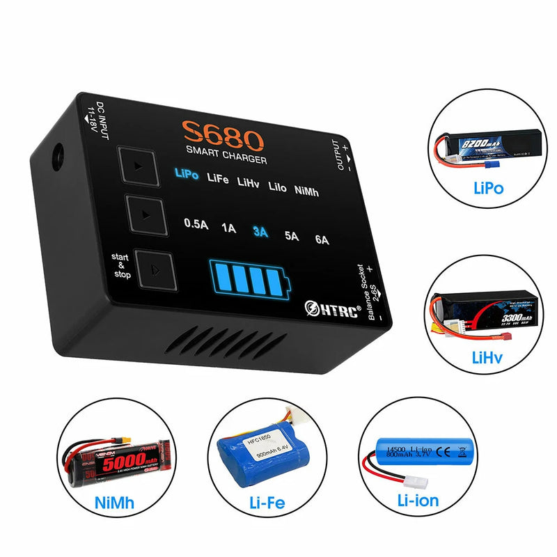 HTRC S680 80W 6A AC to DC Mini RC LiPo Charger For 1-6s Lipo/LiFe/LiHv/Lilon/1-15S Nimh Battery With 15V6A Adapter