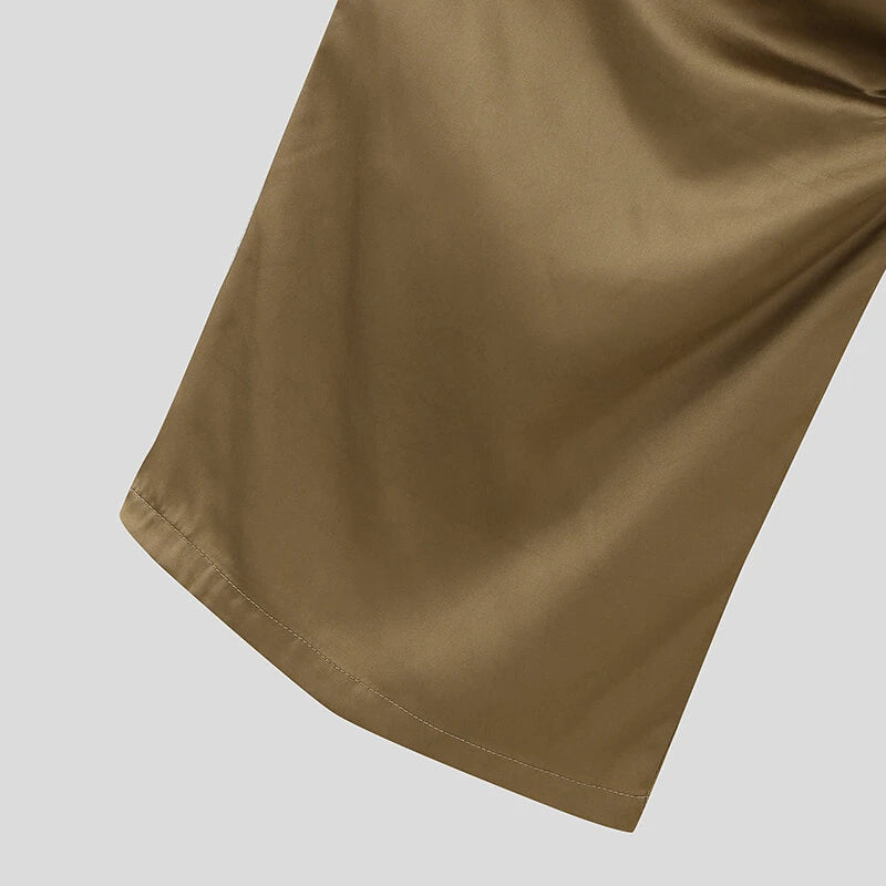INCERUN Mens Satin Ruched Design Casual Pant Fashion Solid Color Loose Fit Straight Trousers