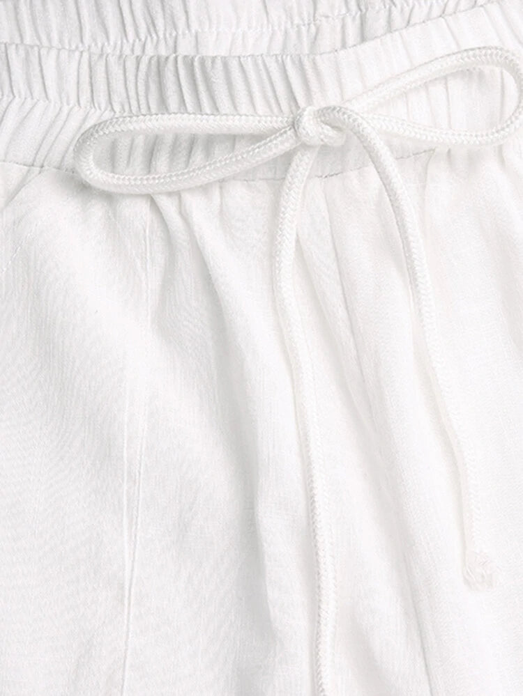 Wide Leg Women Loose Cotton Pure Color Elastic Waist Trousers Pants