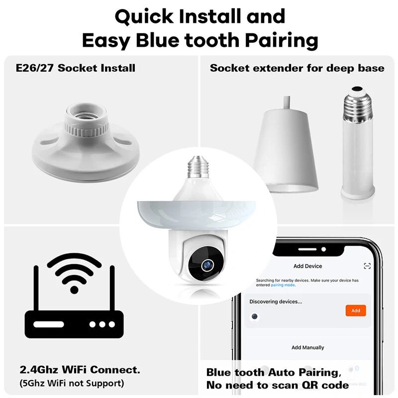 Guudgo Tuya 3MP WiFi Blub Camera Wireless PTZ IP Cam Color Night Vision Motion Detection Two-way Talk Outdoors Security Cameras APP Phone Control