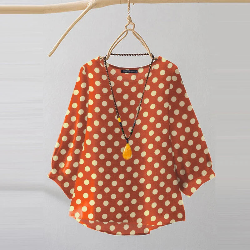 ZANZEA Women Summer Casual 3/4 Sleeve Blouses O Neck Polka Dot Loose Ladylike Shirt Top