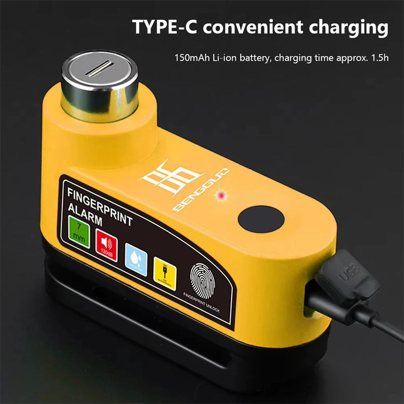 BENGGUO 120dB Bicycle Fingerprint Unlocking Disc Brake Lock USB Charging Waterproof Alarm Safety Protection Motorcycle E-Bike Anti-theft Lock