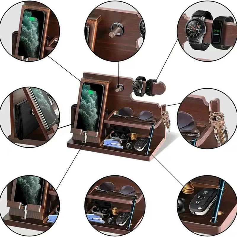 Multifunctional Desktop Charging Mobile Phone Holder Wooden Phone Storage Stand Key Holder Wallet Stand Watch Organizer