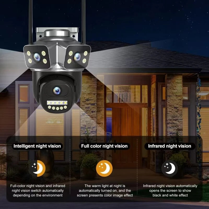 QD18 6MP Three-lens WiFi+bluetooth IP Camera Three Screen PTZ Camera Night Vision Auto Motion Tracking Two-way Audio Waterproof Dual Integrated Antennas CCTV Video Surveillance Cameras