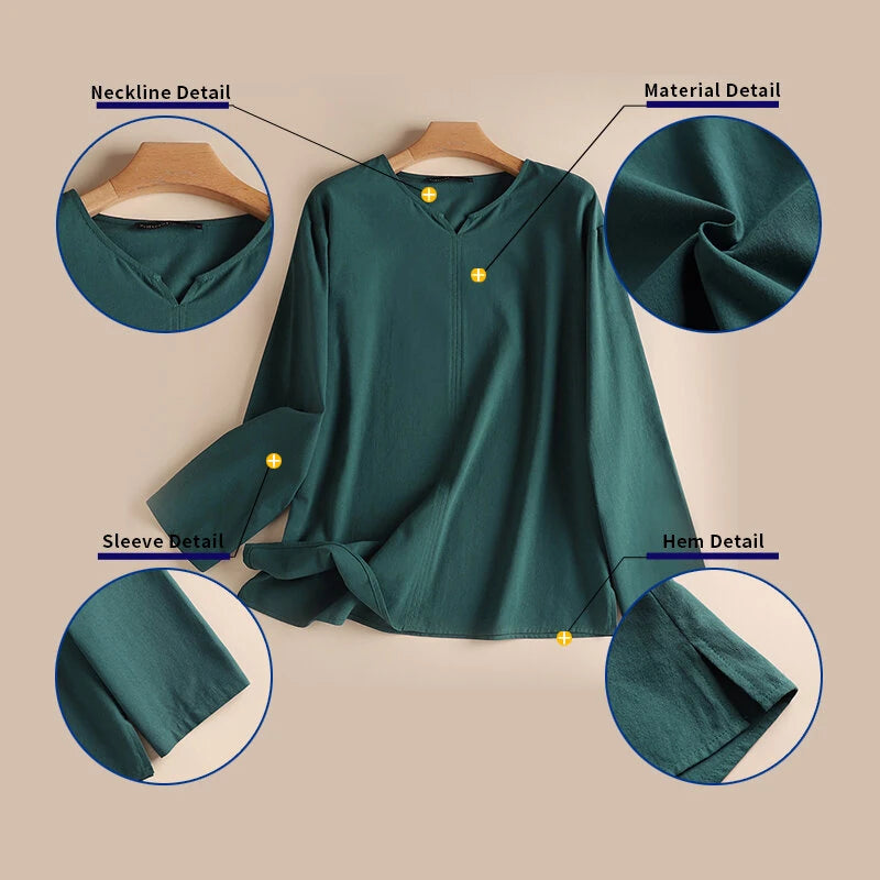 ZANZEA Vintage Women Cotton Blouse V Neck Long Sleeve Tops Retro Solid Loose Shirt Female Work Tunic Blusas Mujer