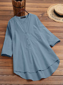 Solid Button Pocket High-Low Hem Casual Cotton Blouse