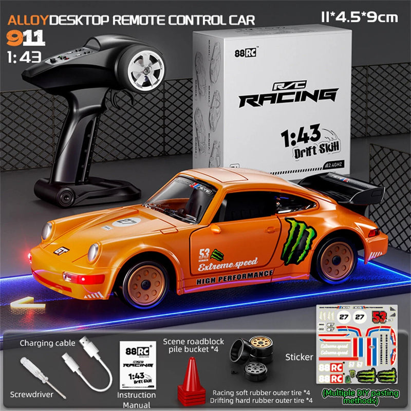 88RC 911 RTR 1/43 2.4G 4WD Drift RC Car Gyro Alloy Body Shell Desktop Full Proportional Mini Race LED Light Radio Control High-Speed Motor On-Road Racing Vehicle Model Boys Gifts Toys