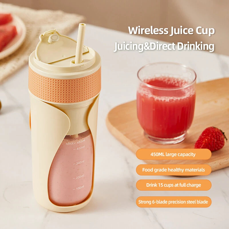 450ML Small Portable Multi-function Juicer Cordless Electric Juicing Cup with Removable Straw Strong 6-Blade Precision Steel Blade