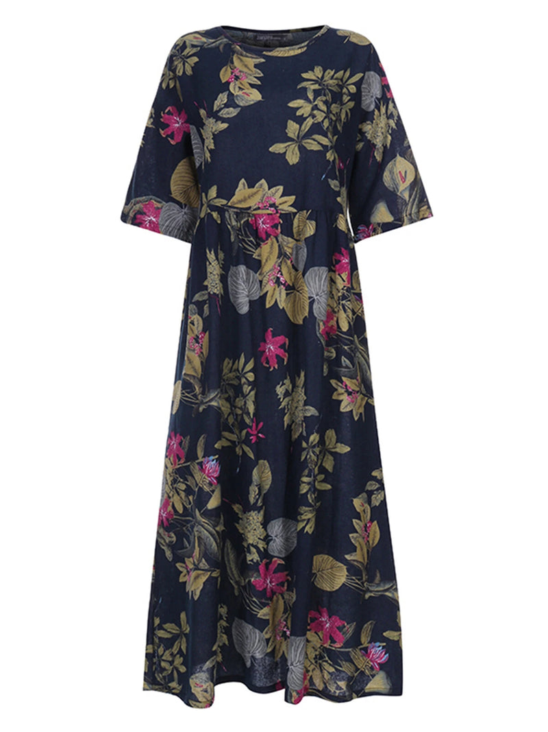 ZANZEA Plus Size Women Beach Long Dress Retro Floral Printed Round Neck Three Quarter Sleeve Pleated Beach Maxi Dresses
