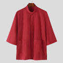 INCERUN Men Cotton Linen Half Sleeve Shirt Solid Color Comfy Loose Fit Casual Stand Collar Top for Men Plus Size Spring Fall